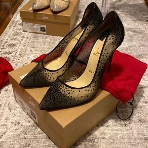 Christian Louboutin Black Follies Lace 100 Plumeti Chiffon / Suede Size 38.5